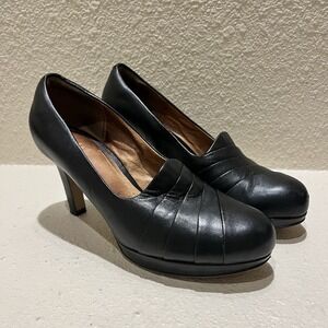 Clarks Delsie Joy Platform Pump Black Leather Women's 7.5M Classic Business Work